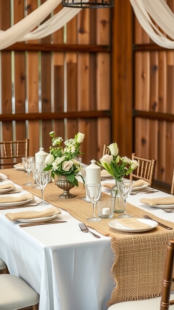A wedding table set with a burlap runner, lace accents, and floral centerpieces.