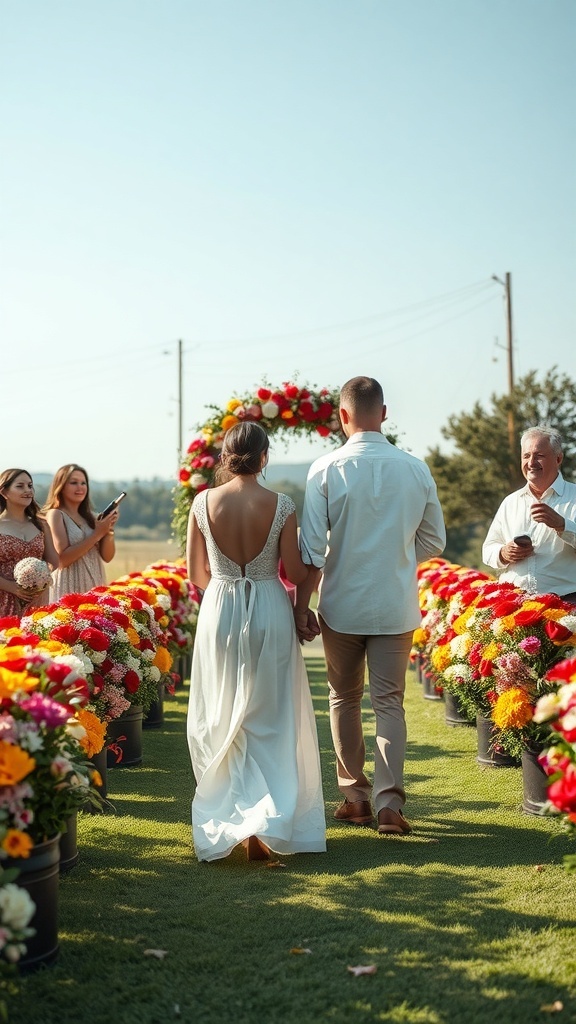 A couple walking down the aisle surrounded by colorful flowers and smiling guests.