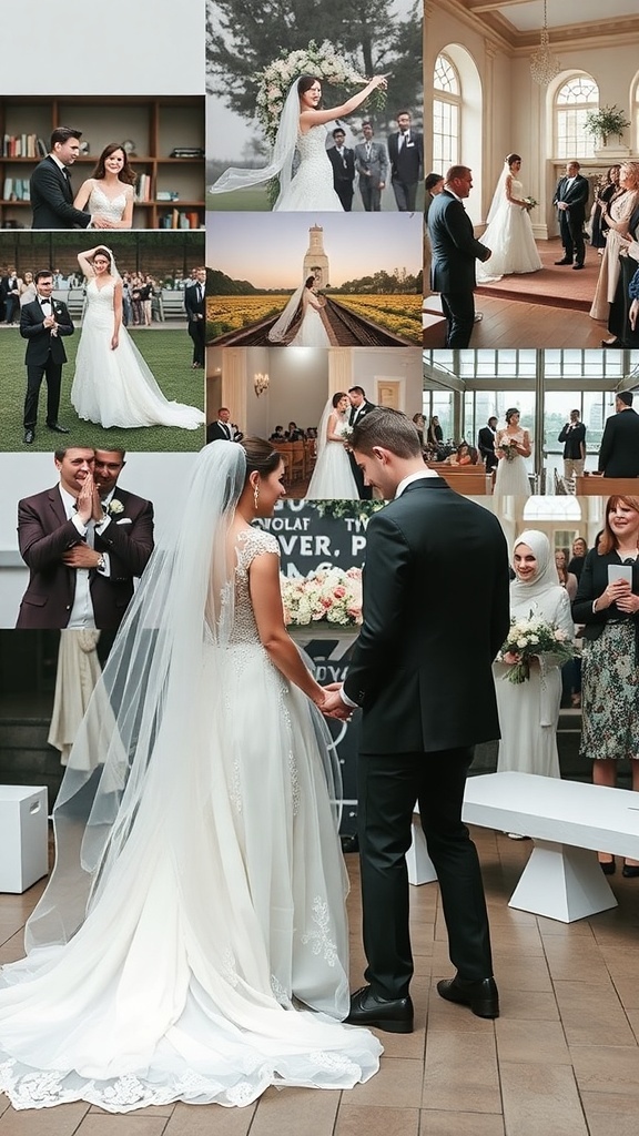 A collage of wedding moments including the couple at the altar, guests celebrating, and various settings.