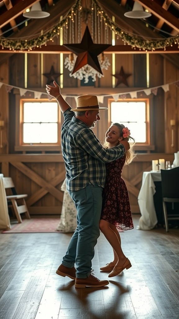 A father and daughter dancing joyfully in a rustic setting.