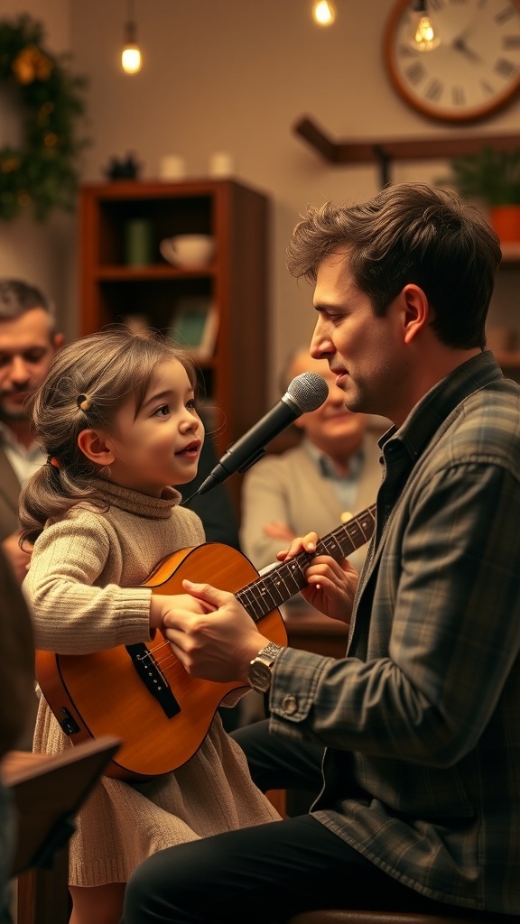 A father and daughter singing together, creating a heartwarming moment.