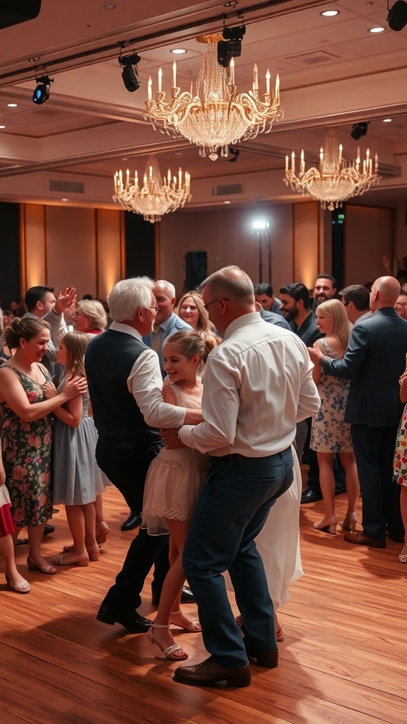 A lively father-daughter dance scene with people dancing and enjoying a celebration.