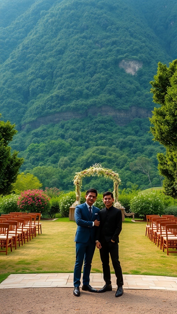 A couple standing in front of a scenic outdoor wedding venue with mountains in the background.