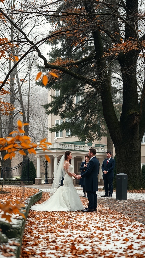 A couple exchanging vows during a wedding ceremony in a picturesque autumn setting with fallen leaves.