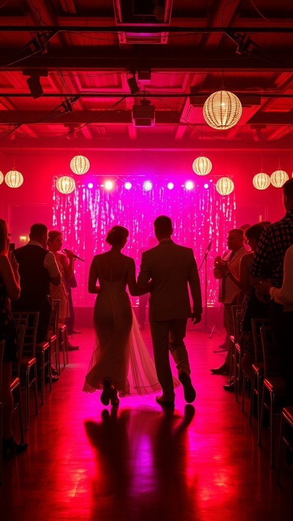 A couple walking down the aisle with vibrant lights and a disco vibe.