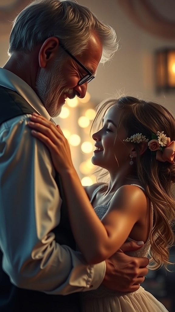 A father and daughter sharing a joyful dance, smiling at each other in a warm, intimate setting.
