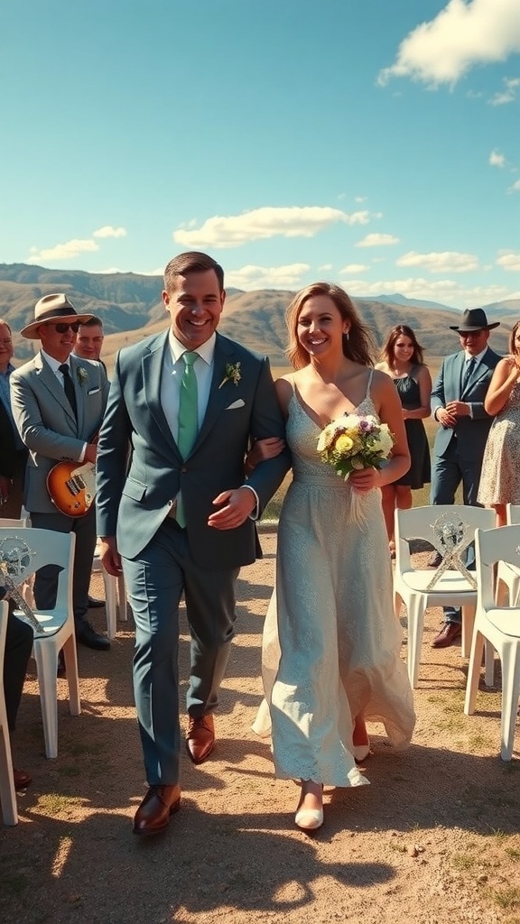 Couple walking down the aisle with smiles, surrounded by guests and mountains in the background.
