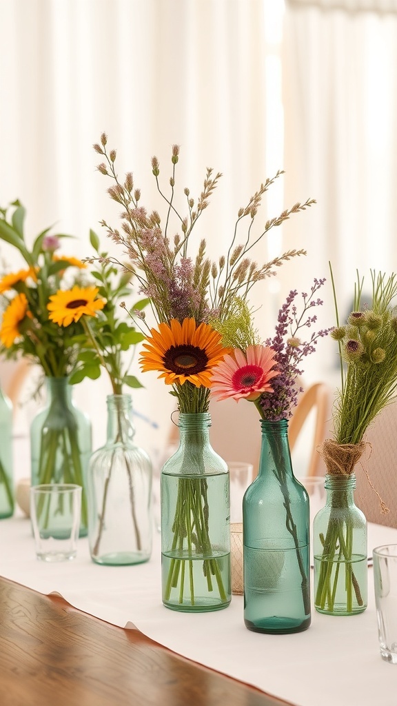 A table set with glass bottle centerpieces filled with colorful flowers.