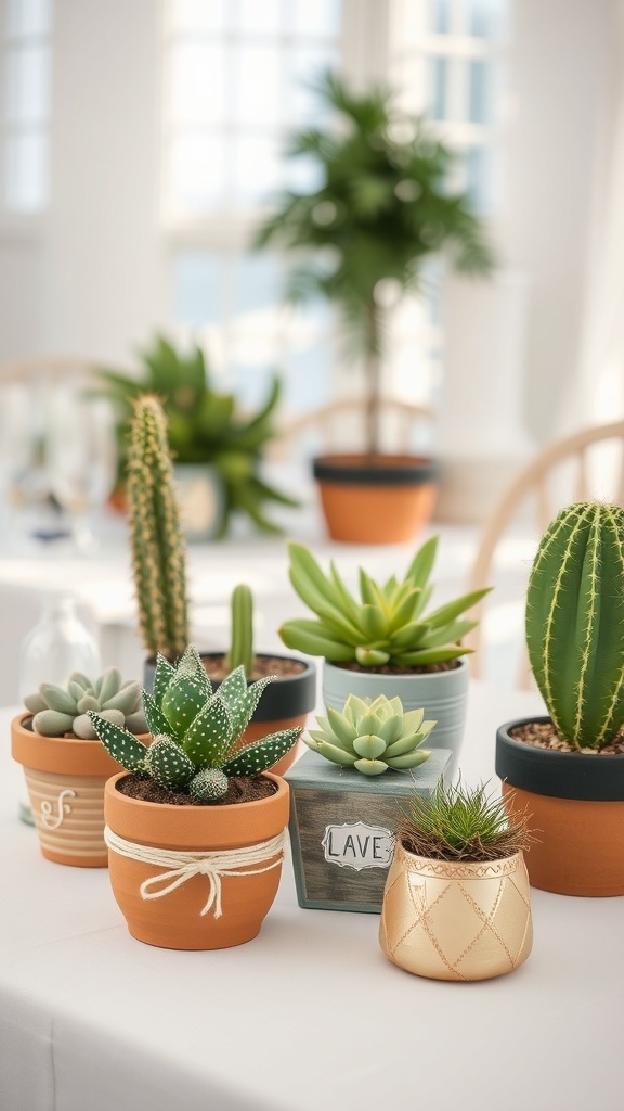 A variety of succulent and cactus arrangements in decorative pots on a wedding table.