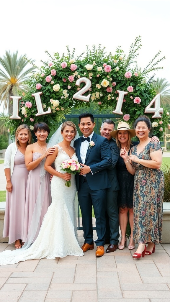 A wedding couple posing with family and friends in front of a floral backdrop.