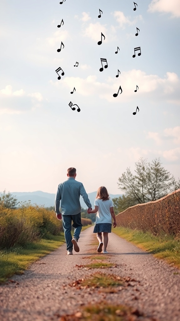 A father and daughter walking hand in hand on a path with musical notes floating above.