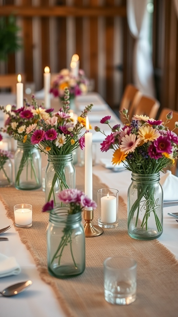 Rustic wedding table with mason jar centerpieces filled with flowers and candles