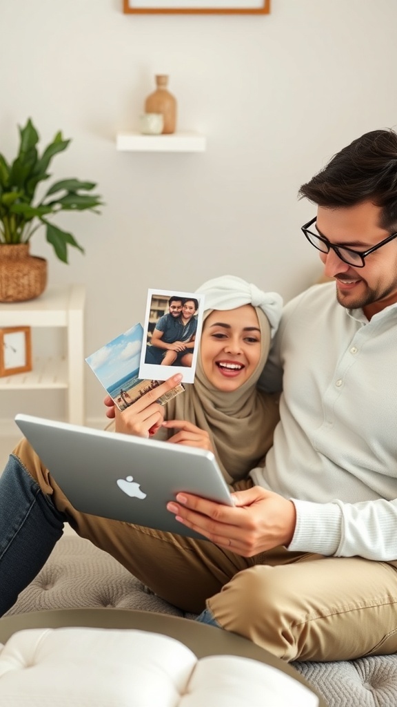 A couple sitting together, looking at photos on a laptop while holding printed pictures, enjoying their time.