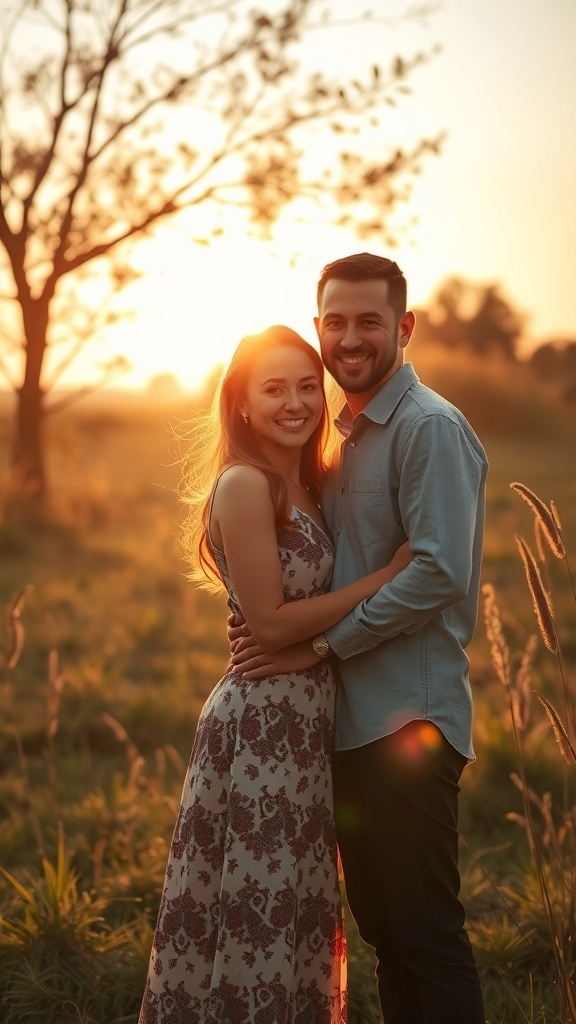 A couple embracing in a sunlit field during sunset, showcasing the beauty of natural light.