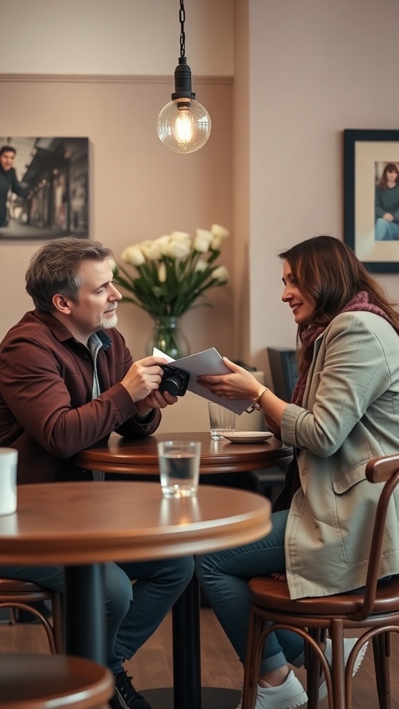 A couple discussing wedding photography options in a cozy cafe setting.