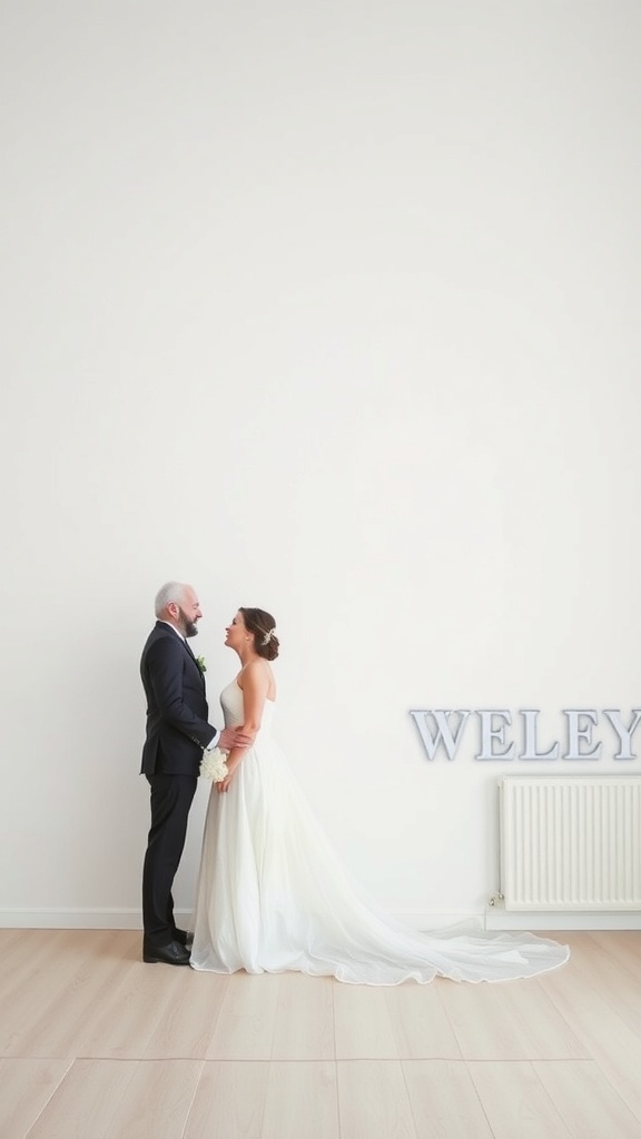 A bride and groom standing together in a minimalist setting, gazing into each other's eyes.