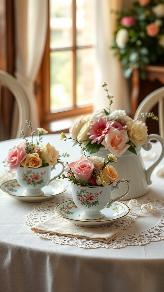Vintage tea cups filled with flowers on a table