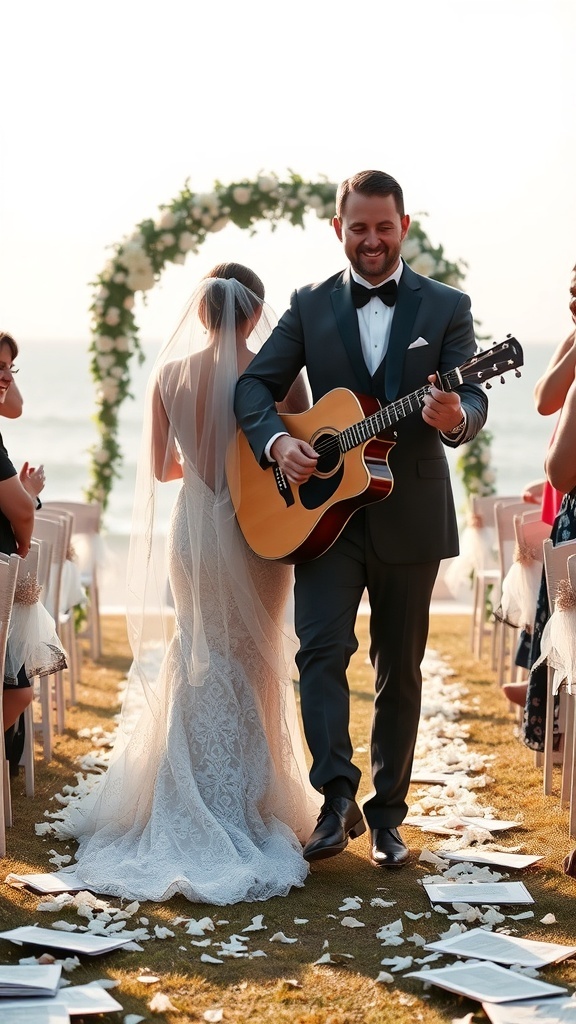 A groom playing guitar while walking down the aisle with the bride at a beach wedding.