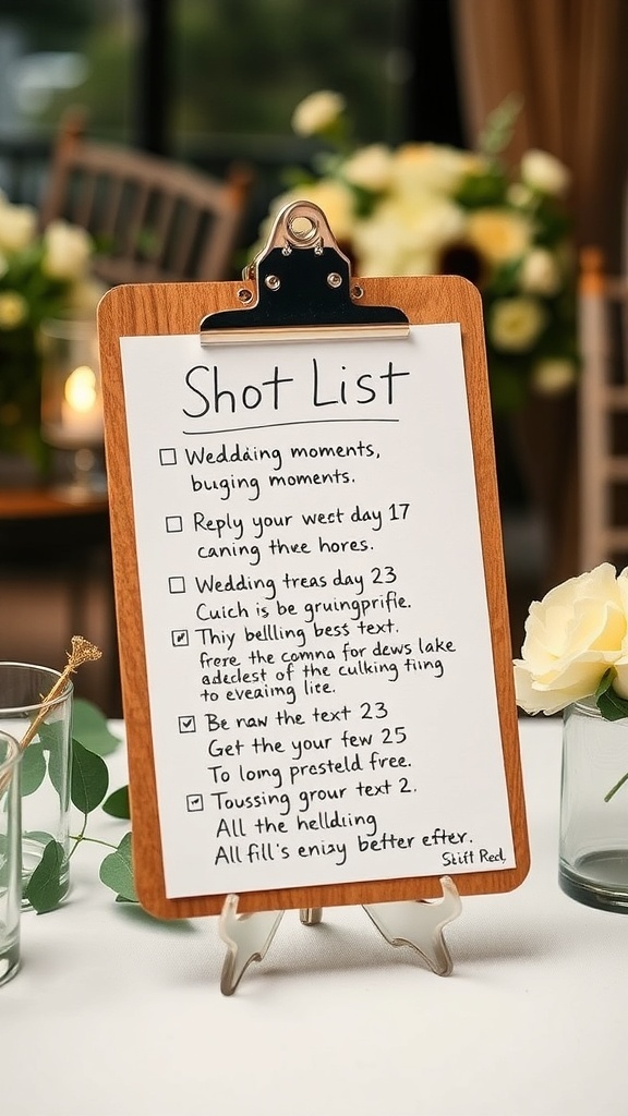 A wooden clipboard with a shot list for wedding photography, featuring various tasks and reminders.