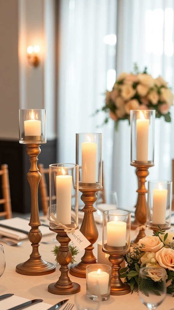 Artistic candle holders on a wedding table with candles and flowers
