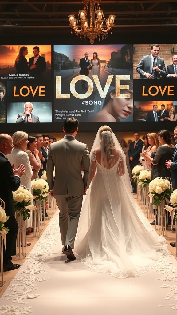Couple walking down the aisle with a backdrop displaying the word 'LOVE' and surrounded by guests.