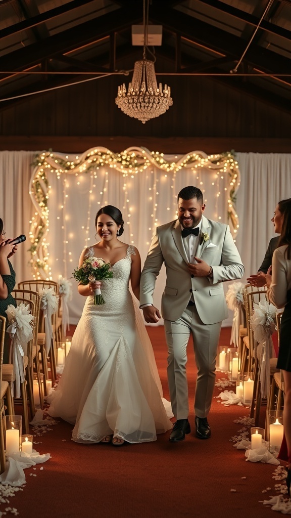 A couple walking down the aisle during their wedding ceremony, surrounded by candles and fairy lights.