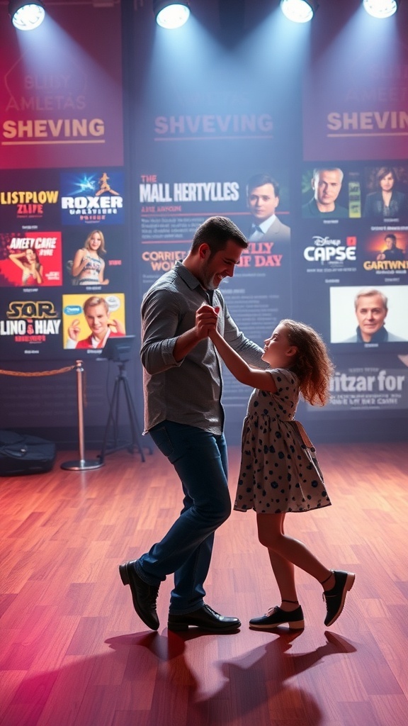 A father and daughter dancing together in a warm, inviting setting, showcasing a special moment between them.