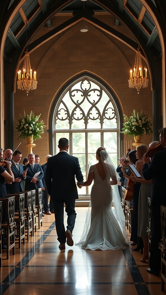 Couple walking down the aisle in a beautifully decorated venue with guests watching.