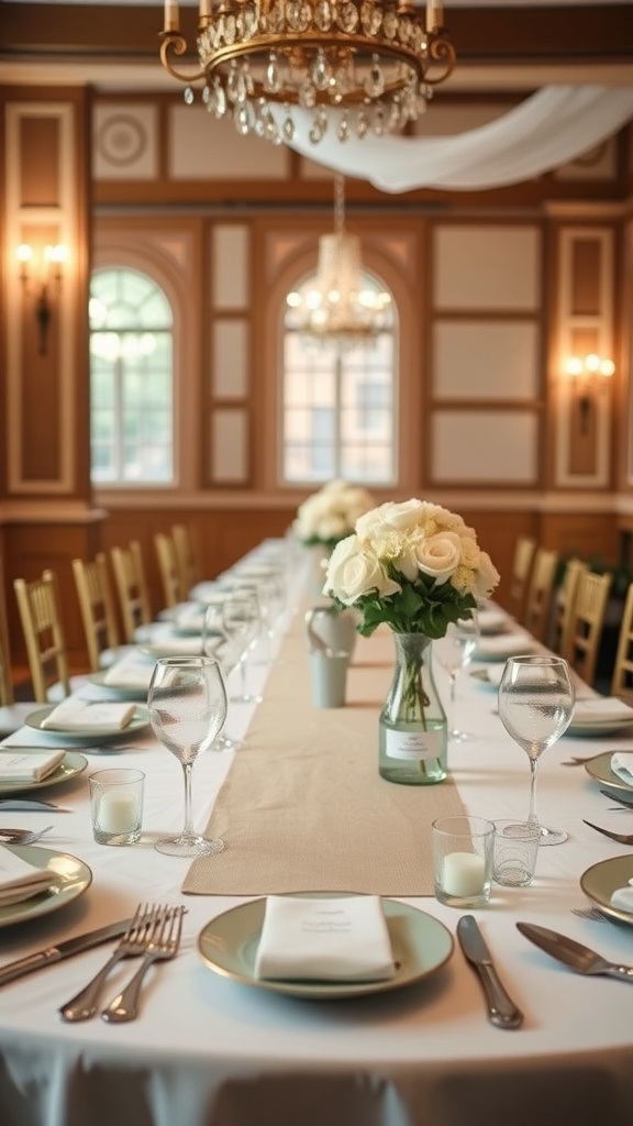 Elegant wedding table setting with floral centerpiece and personalized guest favors