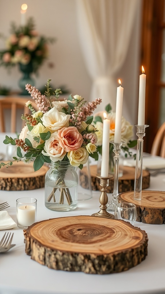 A wedding table featuring rustic wood slice bases, floral arrangements, and candles.