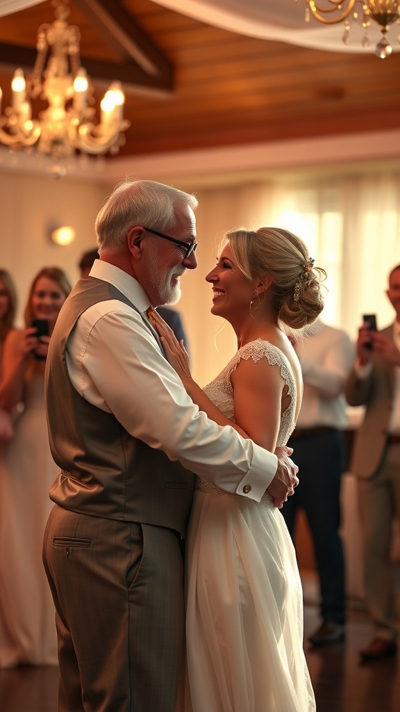 A father and daughter share a joyful dance at a wedding, surrounded by family and friends.