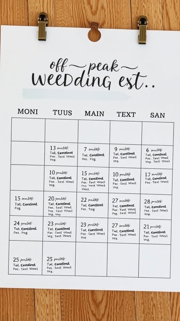 A calendar showing off-peak wedding dates with notes and markings.