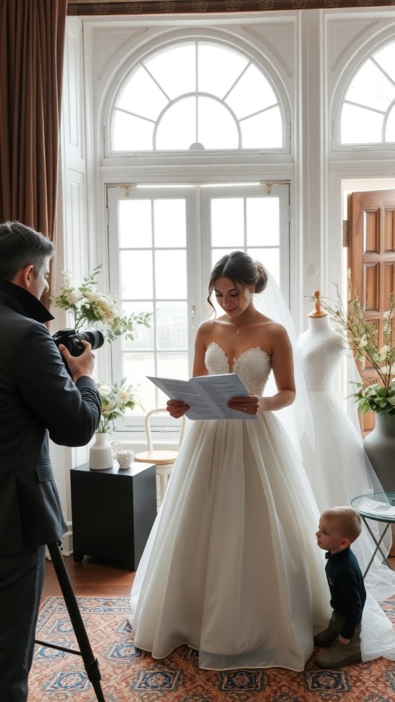 A bride reading her notes while a photographer captures the moment, with a child nearby.