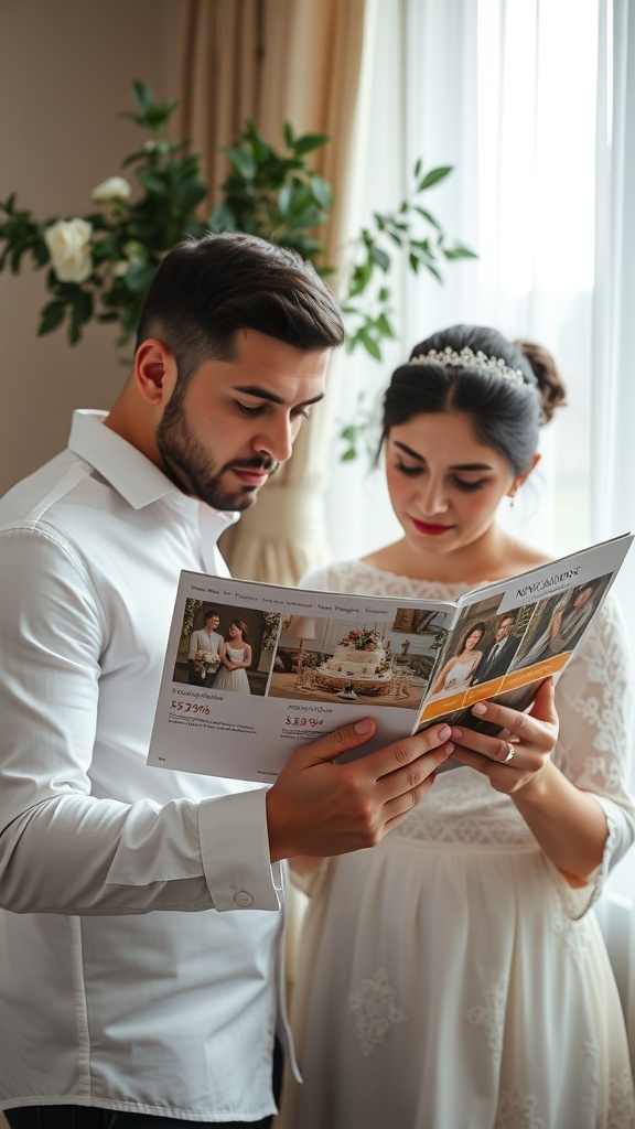 A couple reviewing a wedding photography brochure together.