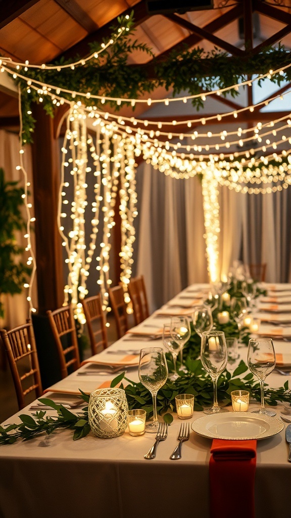 A wedding table decorated with fairy lights, greenery, and candles, creating a magical atmosphere.