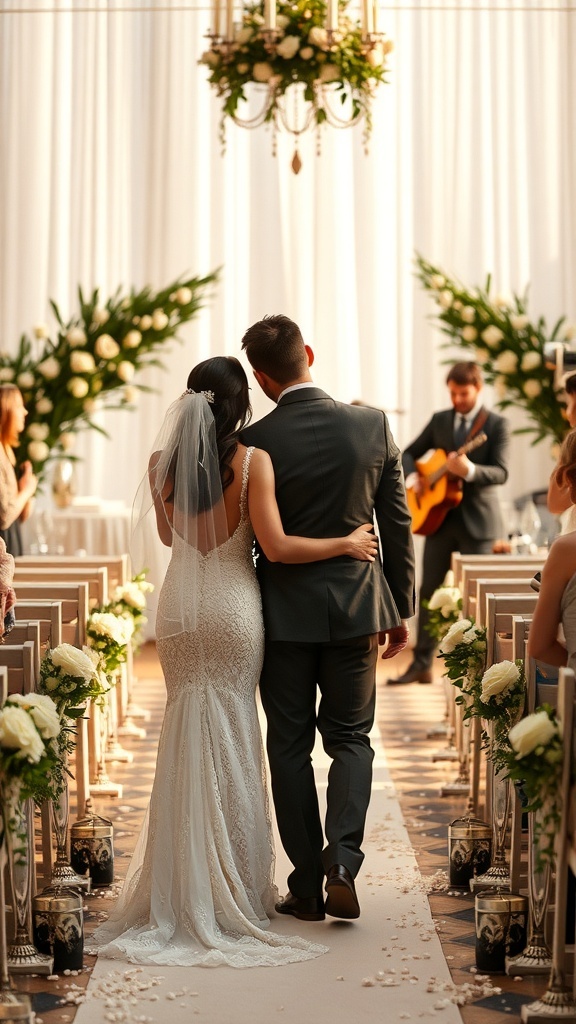 A couple walking down the aisle during their wedding ceremony, with a musician playing in the background.