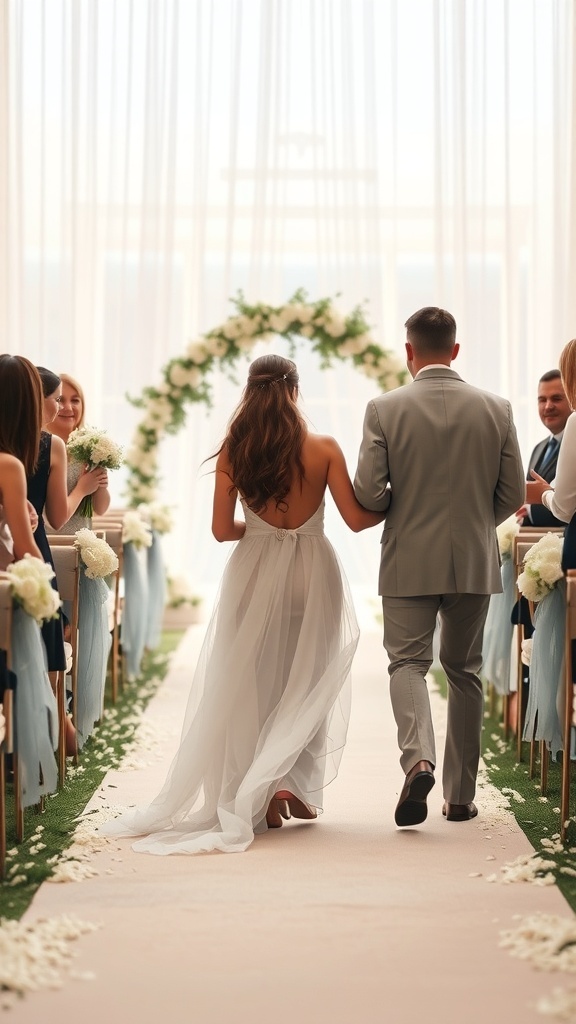 A couple walking down the aisle at their wedding ceremony.