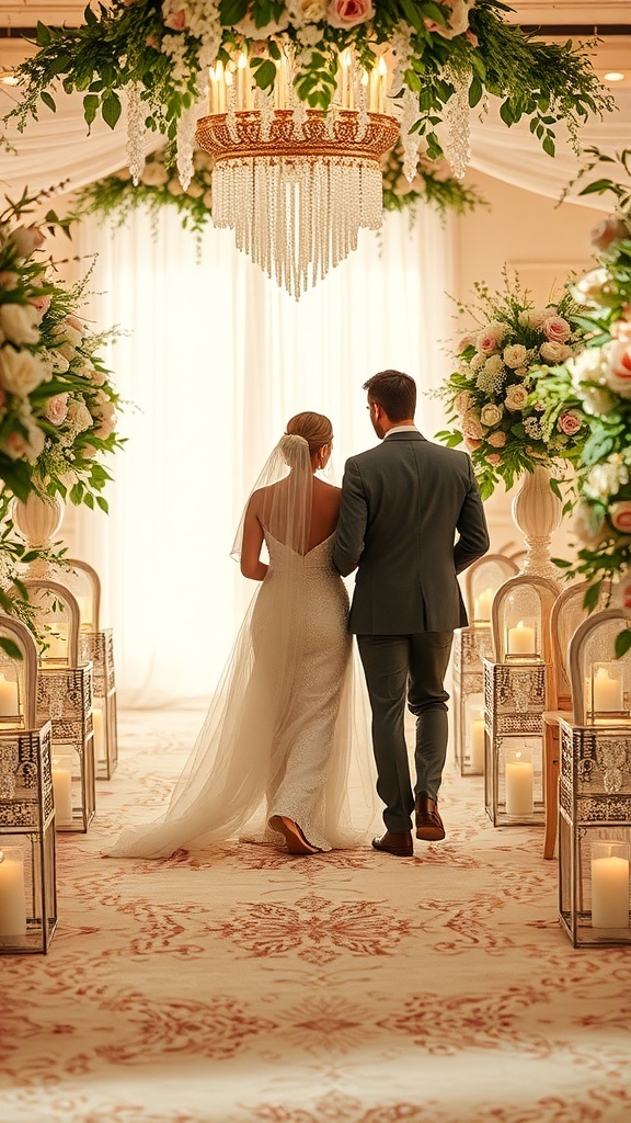 Couple walking down the aisle in a beautifully decorated wedding venue