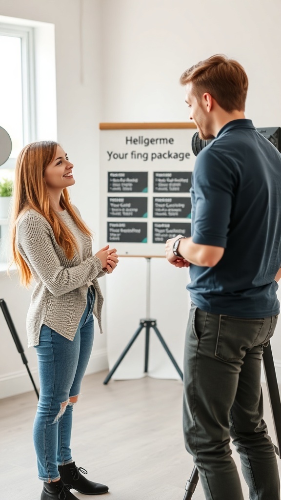 A couple discussing photography packages with a photographer in a bright, modern setting.