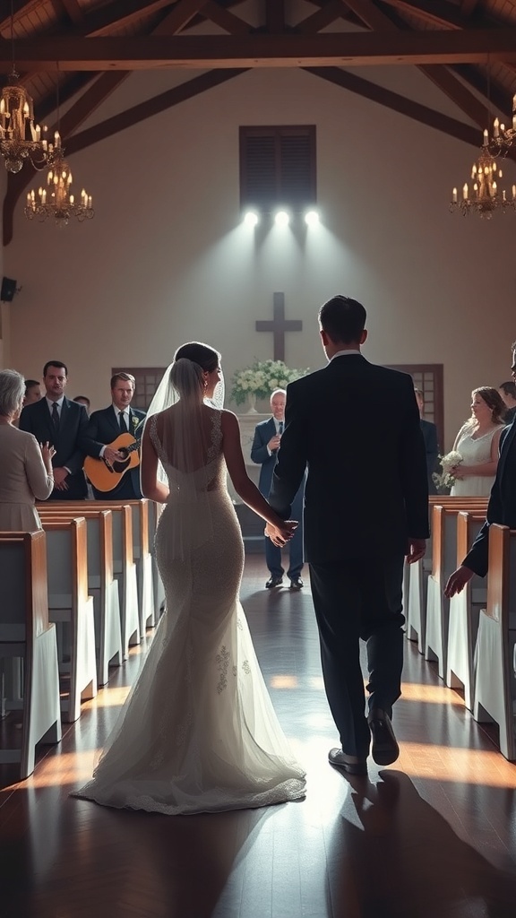A couple walking down the aisle in a beautifully lit venue, holding hands and surrounded by guests.