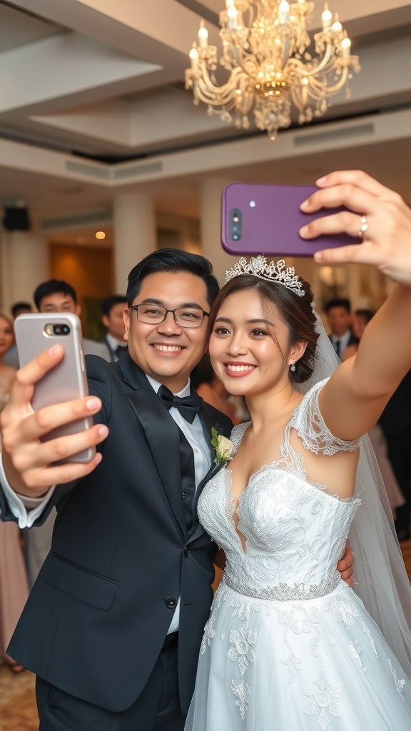 A couple taking a selfie at their wedding, smiling happily with a chandelier in the background.