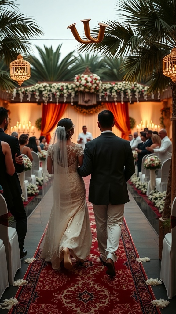 Couple walking down the aisle at a wedding ceremony surrounded by flowers and greenery.