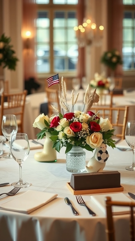 A wedding table centerpiece featuring flowers, an American flag, and playful figurines.
