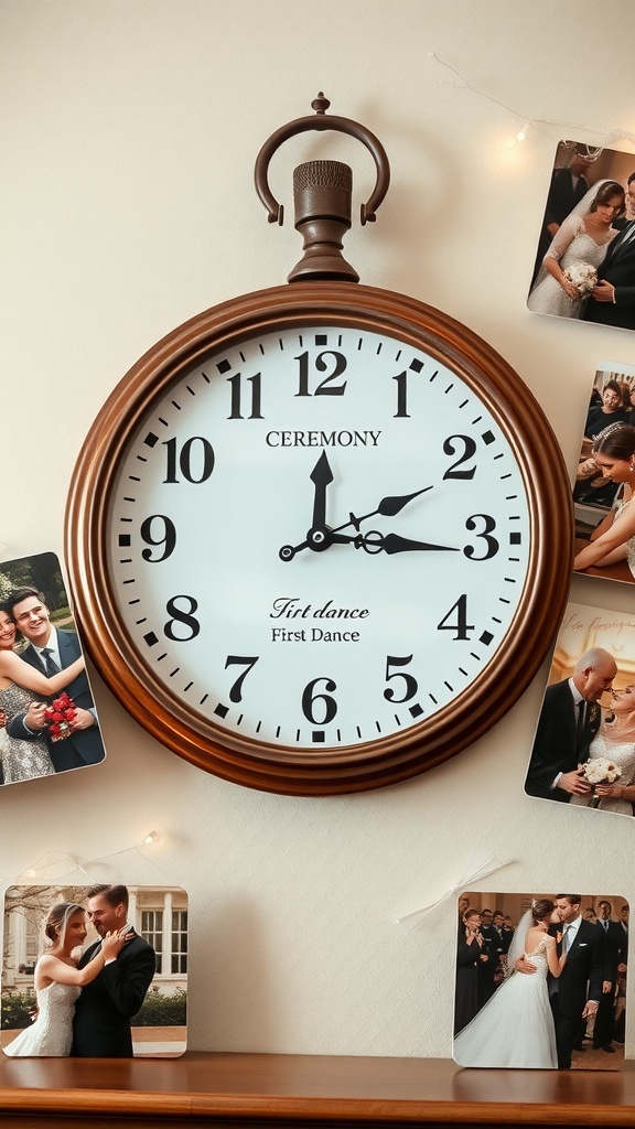 A clock labeled 'First Dance' with wedding photos around it, symbolizing key moments in a wedding.