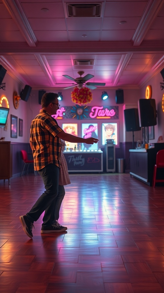 A father and daughter dancing in a colorful venue with warm lighting.