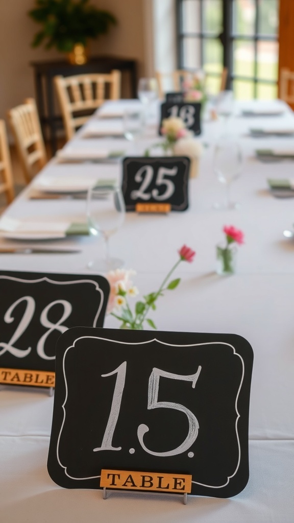 Chalkboard table numbers displayed on a wedding table setting