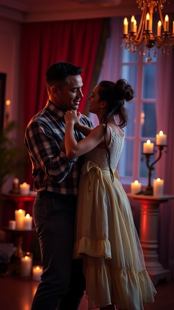 Father and daughter dancing in a warmly lit room with candles.