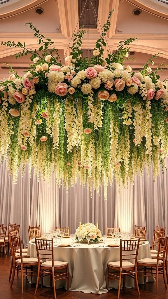 A beautiful hanging floral installation featuring pink roses and white flowers, suspended above a round wedding table.