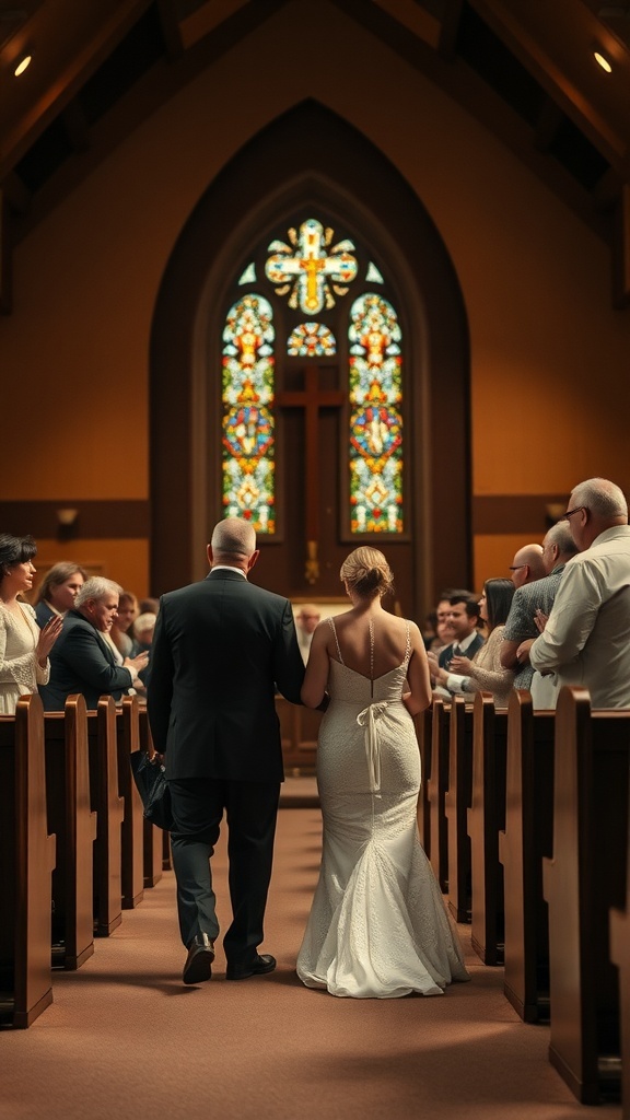 A bride walking down the aisle with her father in a church, surrounded by guests and stained glass windows.