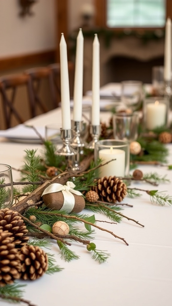 A wedding table centerpiece featuring pinecones, greenery, and candles.